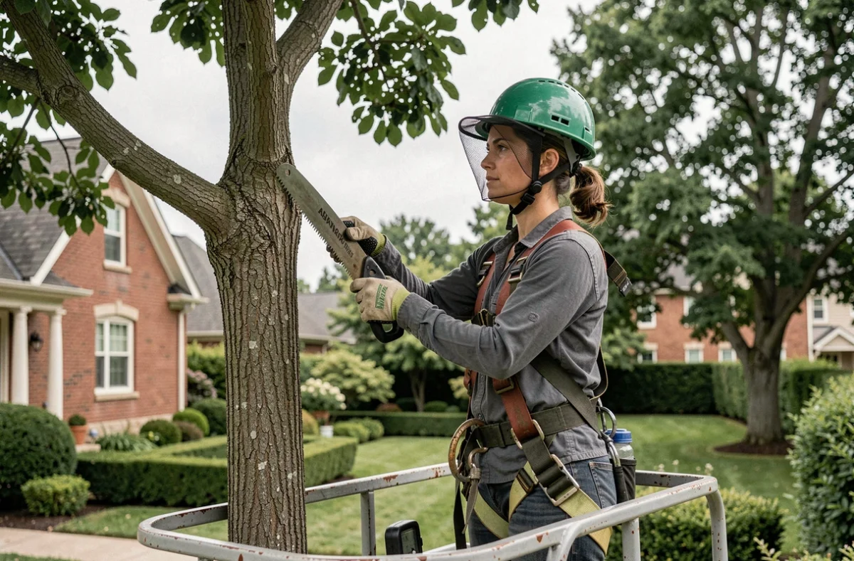 Élagueuse professionnelle en nacelle taillant la couronne d'un arbre ornemental dans un jardin résidentiel