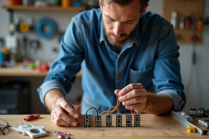 Homme travaillant sur fils électriques dans un atelier lumineux