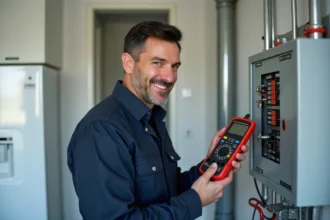 Électricien homme souriant avec multimètre dans un intérieur moderne