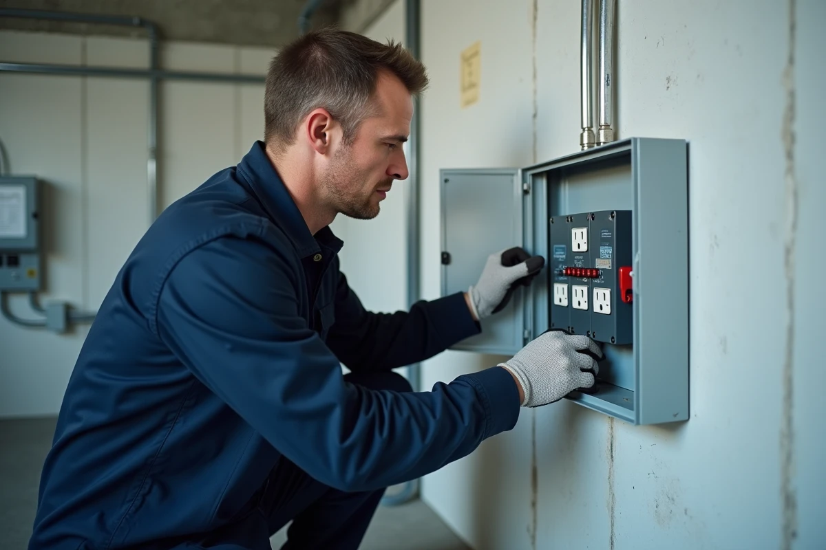 Électricien professionnel inspectant une prise triphasée dans un tableau électrique mural pour optimiser l'abonnement EDF
