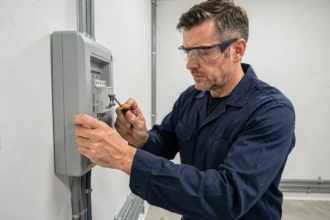 Électricien professionnel inspectant un tableau électrique avec disjoncteur différentiel de type AC dans une salle technique résidentielle