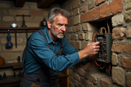 Électricien inspectant un vieux tableau électrique dans une cave rustique