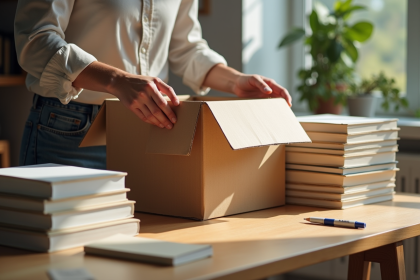 Personne emballant soigneusement des livres dans une boîte en carton