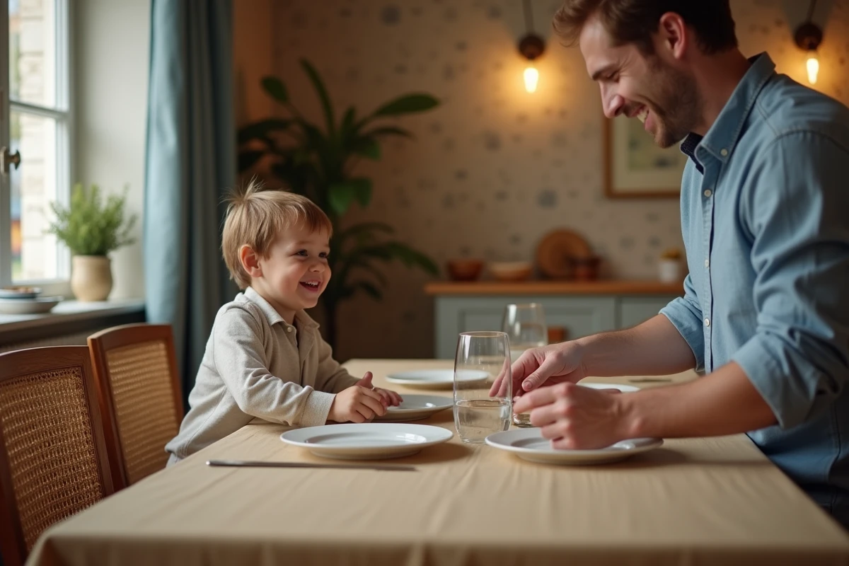 Enfant et père posant des assiettes sur une table protégée