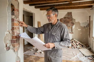 Entrepreneur en bâtiment inspectant un mur non porteur en cours de démolition dans un appartement en rénovation