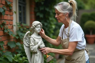 Femme entretenant une statue de jardin en pierre avec une brosse douce, jardin verdoyant en arrière-plan