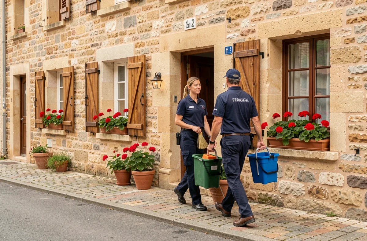 Deux agents de ménage professionnels en uniforme marine arrivant devant une maison en pierre traditionnelle du Périgord à Périgueux