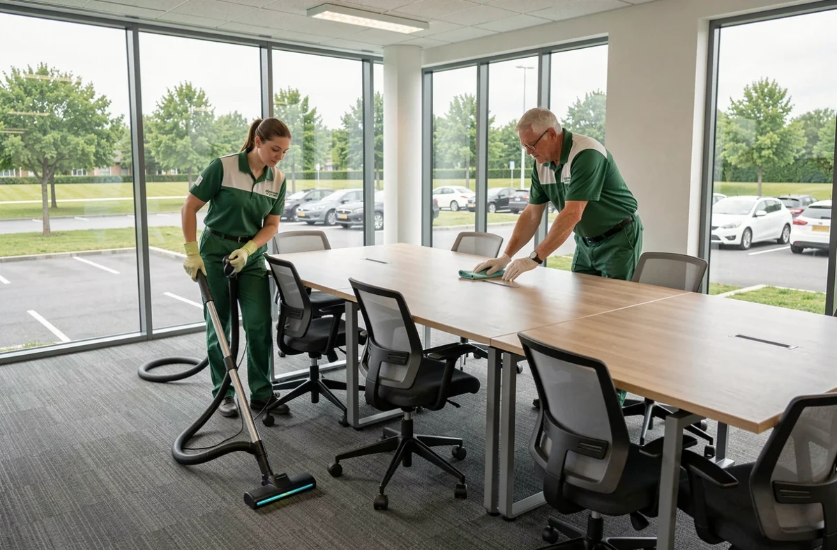 Équipe de nettoyage professionnelle en action dans une salle de réunion de bureau à Cergy-Pontoise