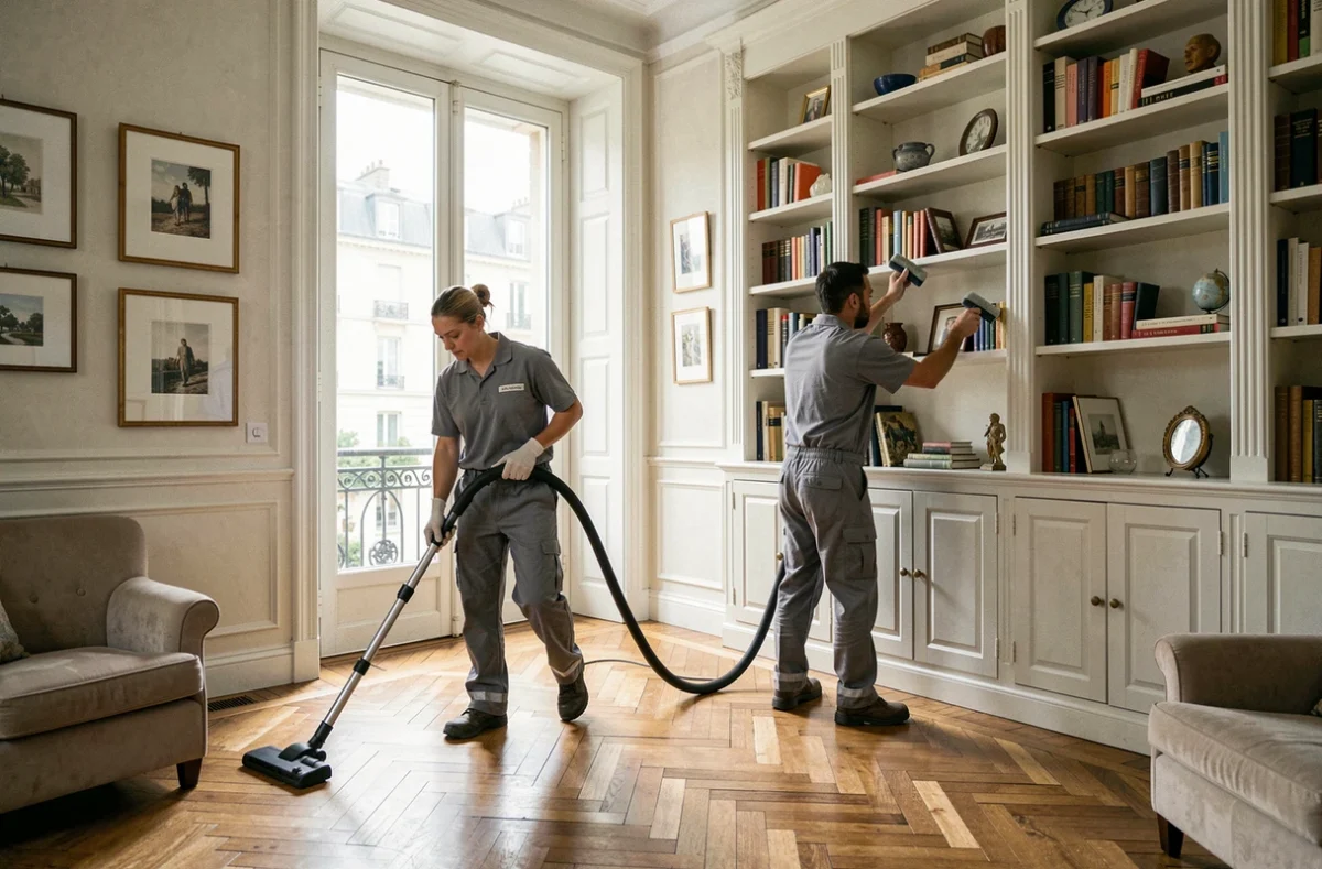 Équipe de professionnels du ménage travaillant ensemble dans un grand salon parisien haussmannien