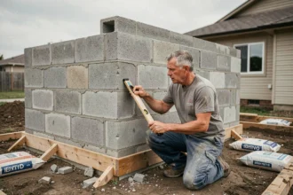 Ouvrier inspectant un mur en parpaing mal aligné lors de la construction d'un petit garage de 20m2 en zone résidentielle
