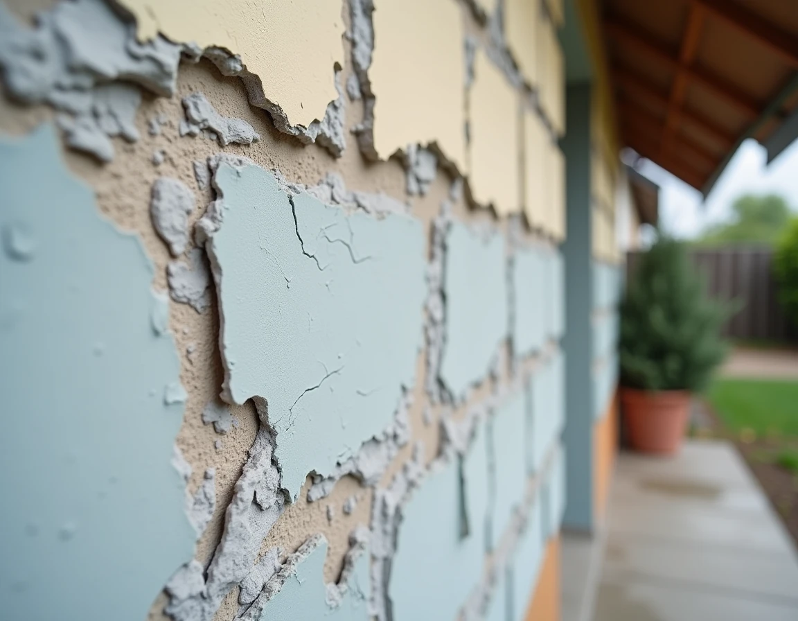 Détails d'erreurs fréquentes sur un mur en parpaing peint : décollements, cloques et efflorescence visibles
