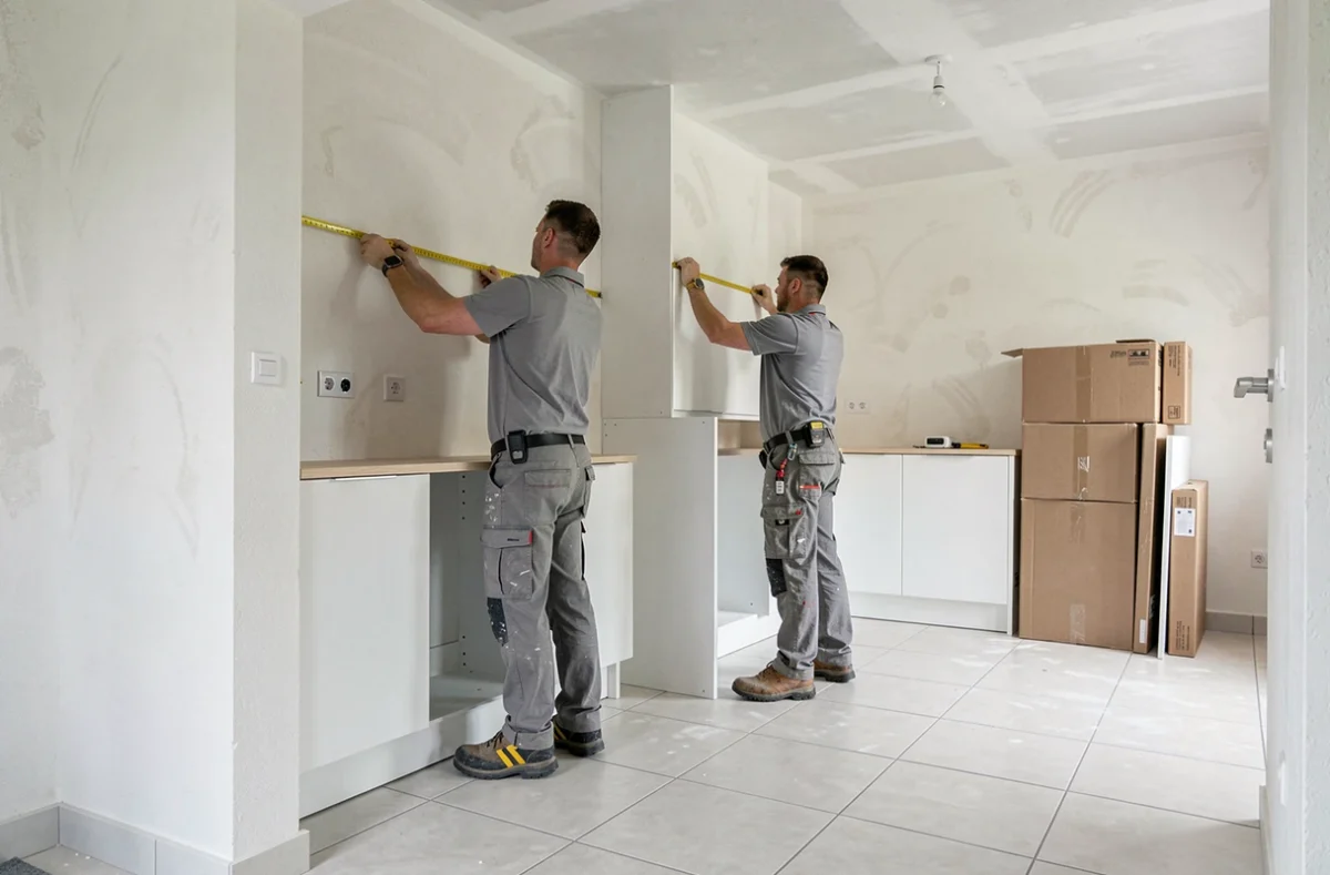 Équipe d'installation E.S.B.C. posant des meubles de cuisine dans une maison rénovée
