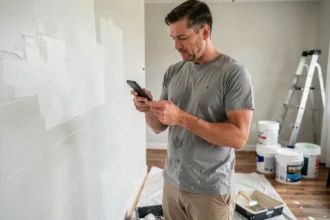 Homme consultant une estimation de prix de peinture sur smartphone dans un salon en cours de rénovation