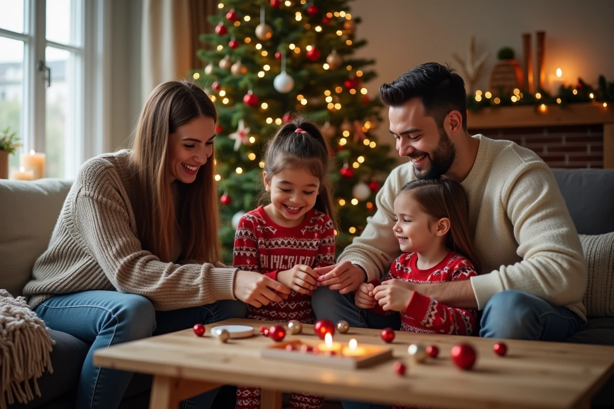 Famille souriante décorant le sapin de Noël dans un salon chaleureux