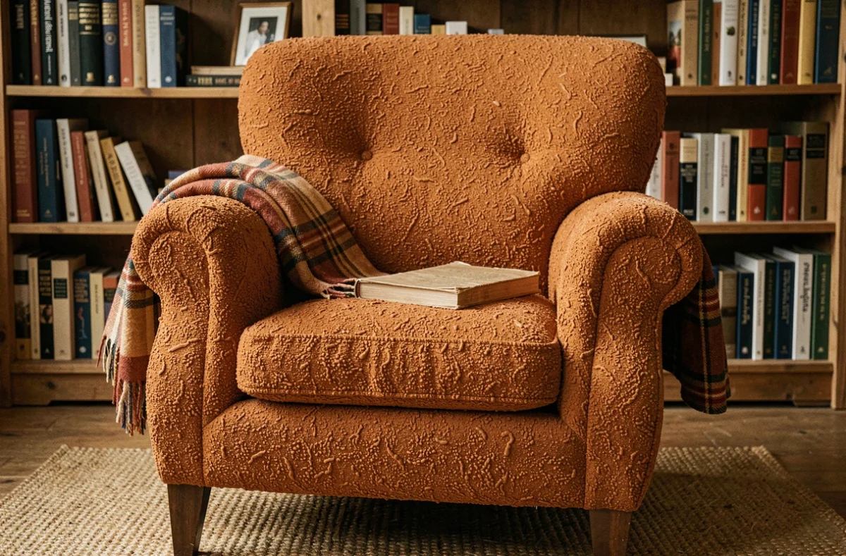 Fauteuil Voltaire restauré recouvert d'un tissu bouclé terracotta dans un intérieur cosy avec bibliothèque en bois