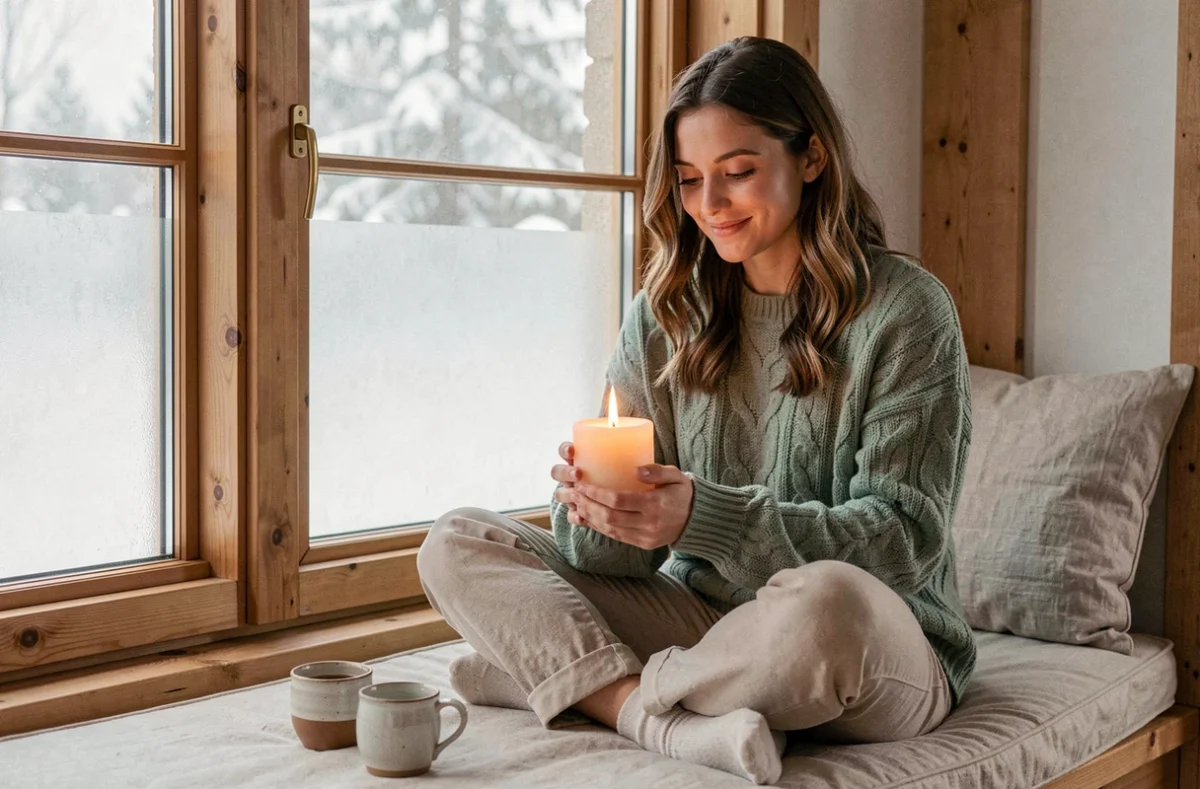 Femme tenant une bougie LED en cire près d'une fenêtre dans une ambiance cocooning hivernale