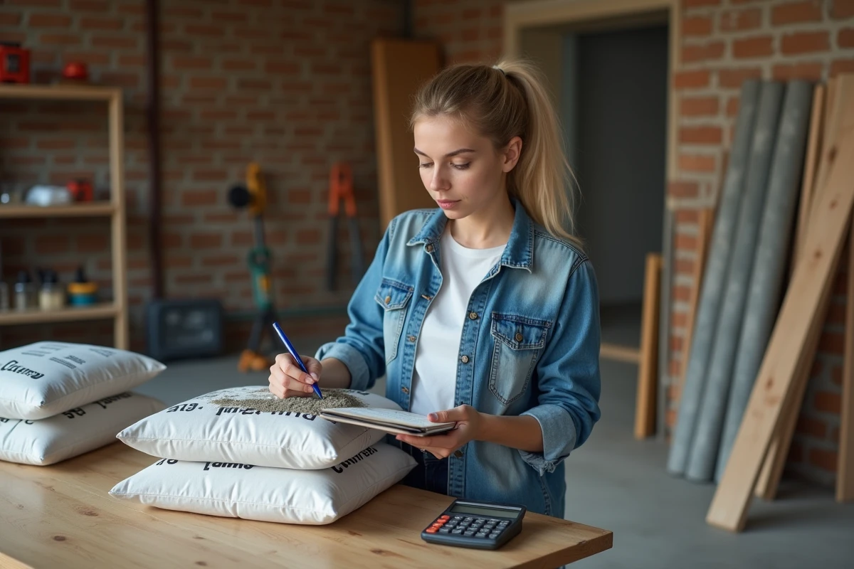 Jeune femme calculant la quantité de ciment dans un atelier