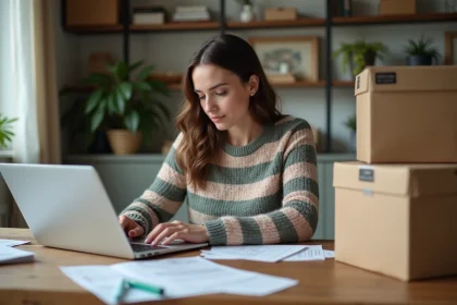 Jeune femme remplissant un formulaire de changement d'adresse à la maison