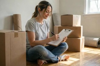 Femme assise sur le sol d'un appartement en cours de déménagement, entourée de cartons et tenant une checklist imprimée sur un presse-papiers