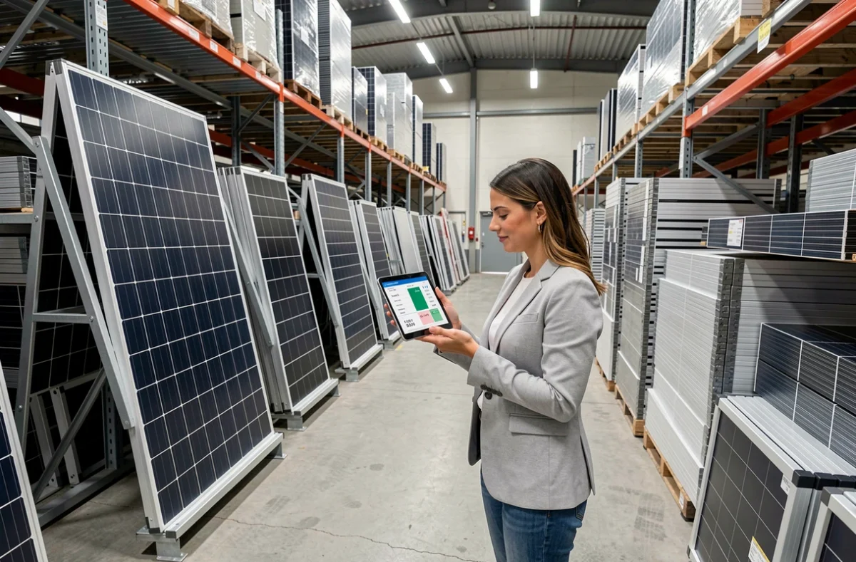 Femme comparant des prix de panneaux solaires dans un magasin spécialisé avec tablette numérique