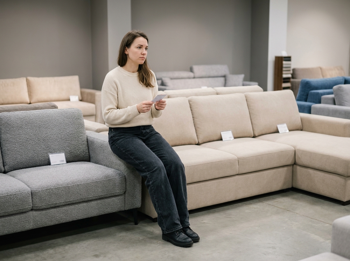 Femme comparant un canapé droit et un canapé d'angle dans un showroom de meubles