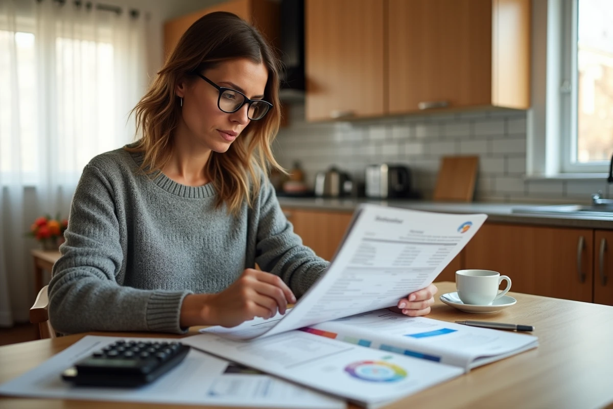 Femme comparant des devis de peinture pour des travaux de plafond à domicile, calculant le prix au m² pour économiser en 2026
