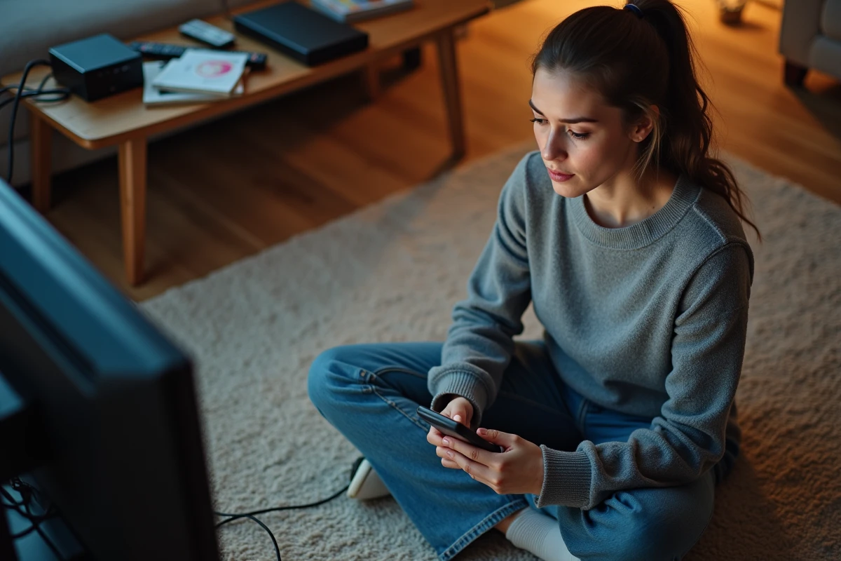 Femme assise sur le sol lisant instructions de branchement