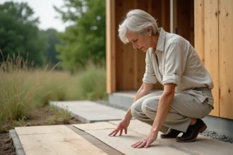 Femme inspectant panneaux recyclés d une maison écologique