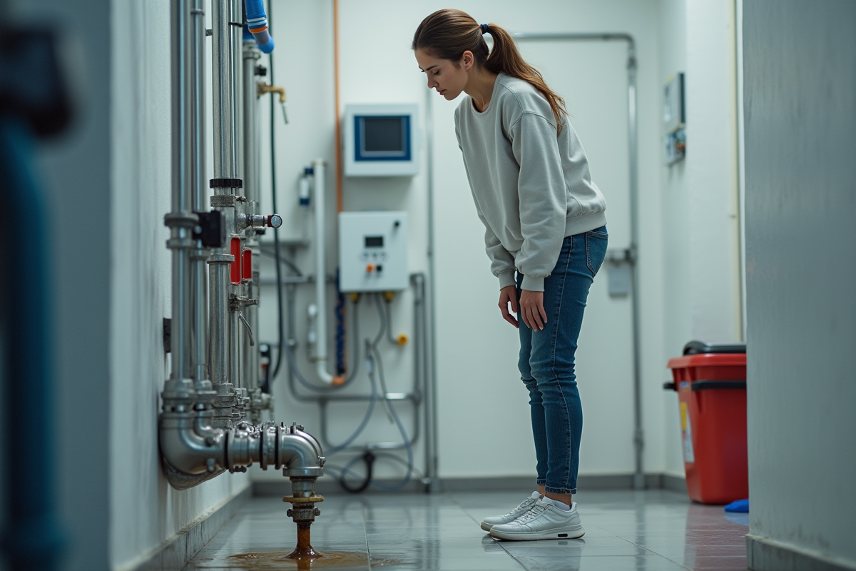 Jeune femme inspecte une fuite dans une salle technique de piscine
