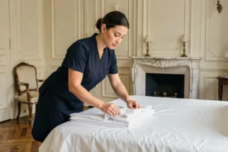 Femme de ménage professionnelle pliant du linge dans un appartement haussmannien parisien