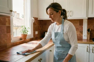 Femme de ménage professionnelle essuyant un plan de travail dans une cuisine moderne à Marseille