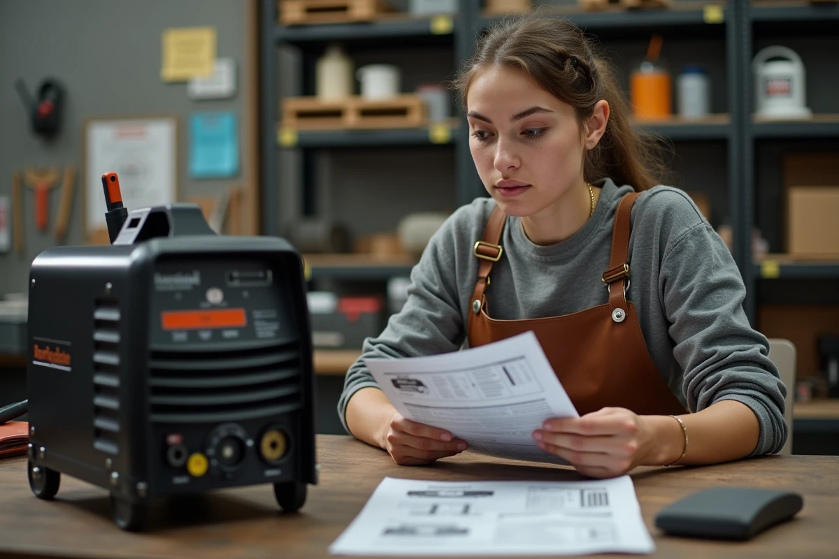 Femme débutante en soudure consultant un guide d'utilisation du fil fourré Parkside dans un espace de fabrication partagé