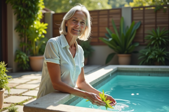 Femme détendue nettoyant une piscine de jardin en été