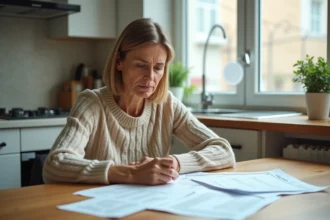 Femme adulte examinant des documents administratifs et des justificatifs de domicile à une table de cuisine dans un appartement en logement social