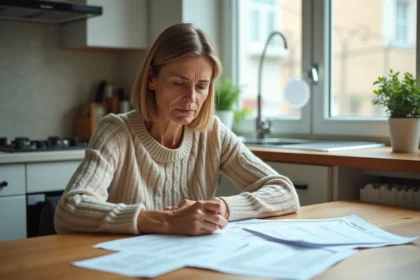 Femme adulte examinant des documents administratifs et des justificatifs de domicile à une table de cuisine dans un appartement en logement social