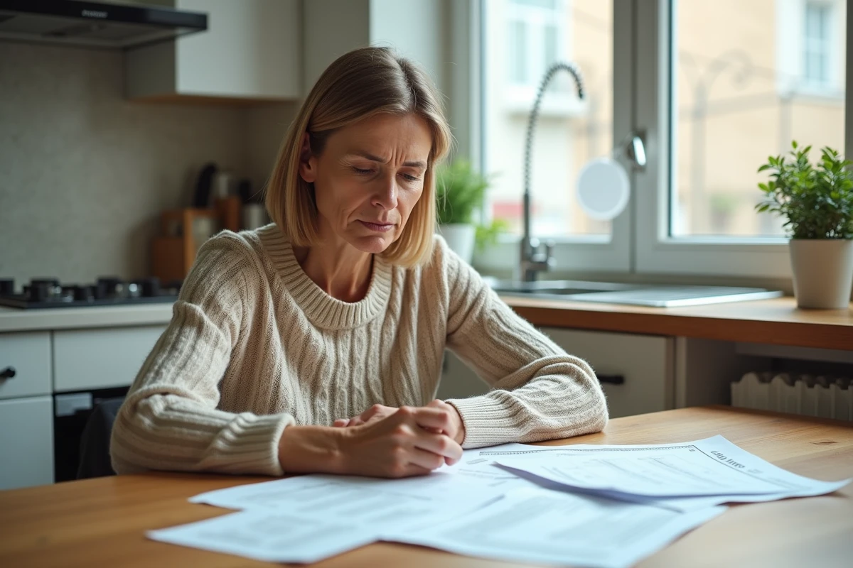 Femme adulte examinant des documents administratifs et des justificatifs de domicile à une table de cuisine dans un appartement en logement social