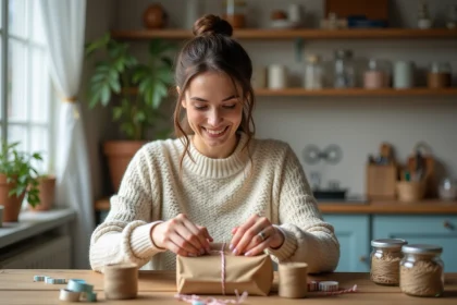 Jeune femme emballant un cadeau avec du papier kraft dans une cuisine chaleureuse