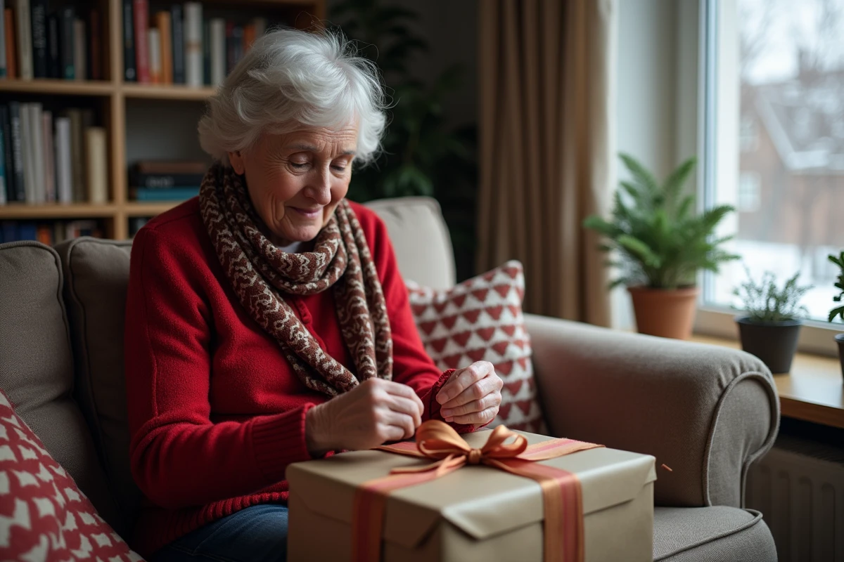 Femme âgée emballant un cadeau dans un salon cosy pour Noël