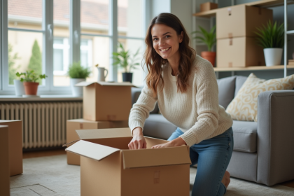 Femme souriante en train de sceller une box dans un salon moderne
