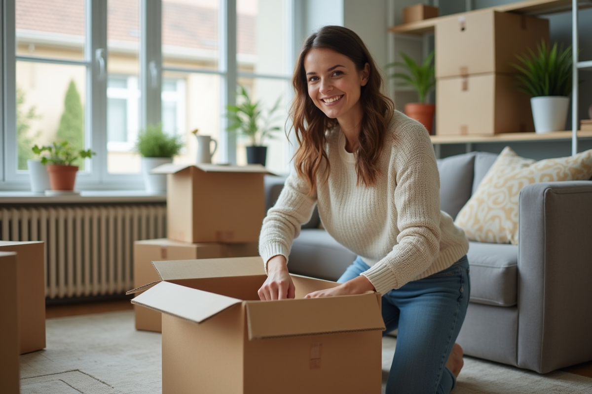 Femme souriante en train de sceller une box dans un salon moderne