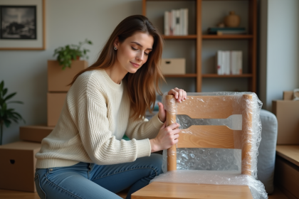 Femme emballant une chaise en bois avec du papier bulle pour déménagement