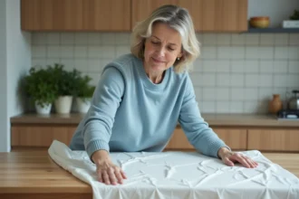 Femme dans la cuisine nettoyant une nappe brillante