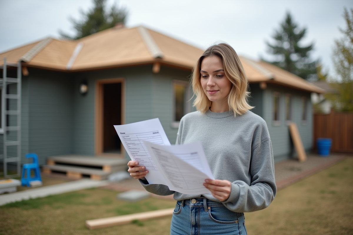 Jeune femme comparant des devis de toiture dans son jardin