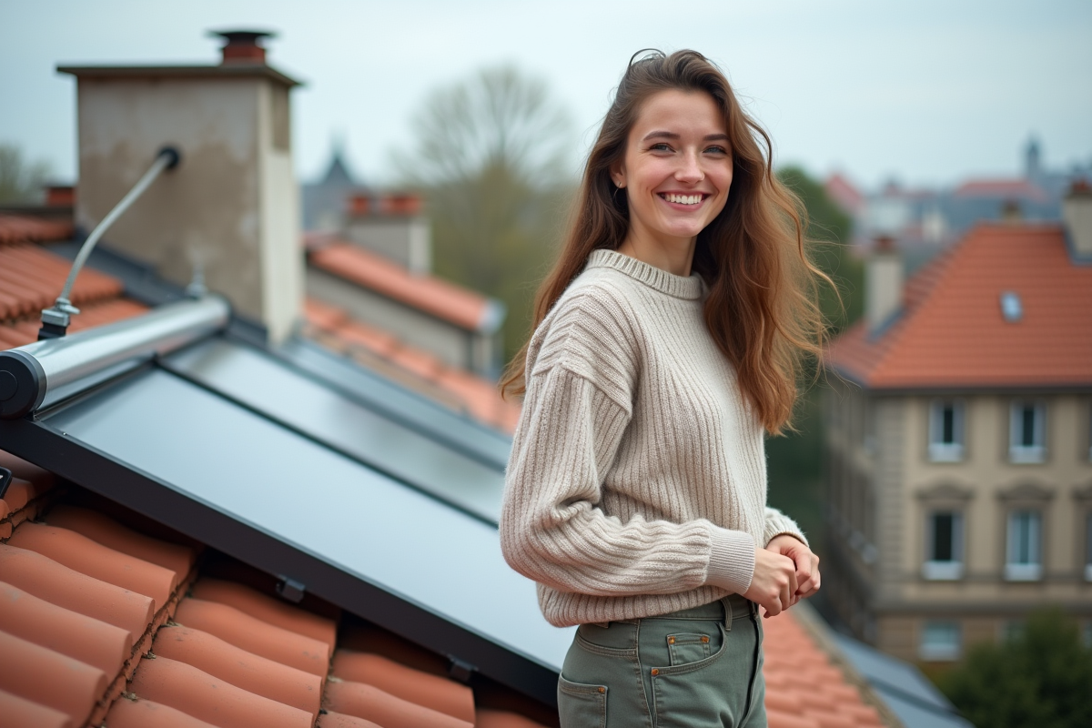 Femme regardant les panneaux solaires sur un toit urbain