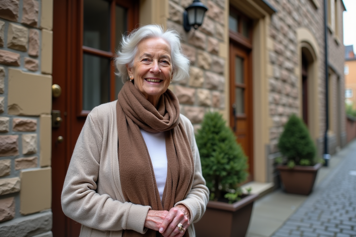 Femme souriante devant sa maison rénovée touchant la pierre