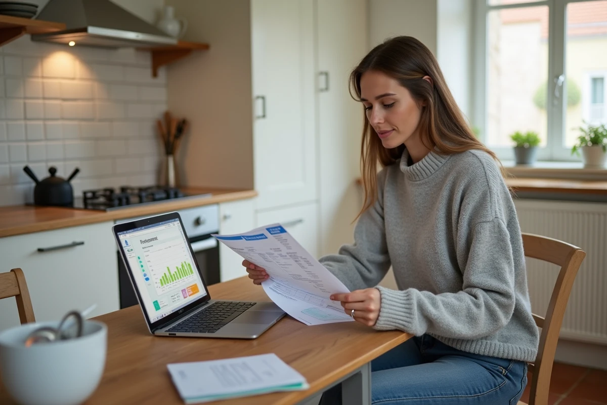 Femme consultant sa facture EDF et son abonnement électrique sur ordinateur dans une cuisine moderne