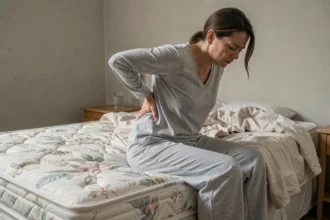 Femme fatiguée assise sur un matelas affaissé se tenant le bas du dos au réveil