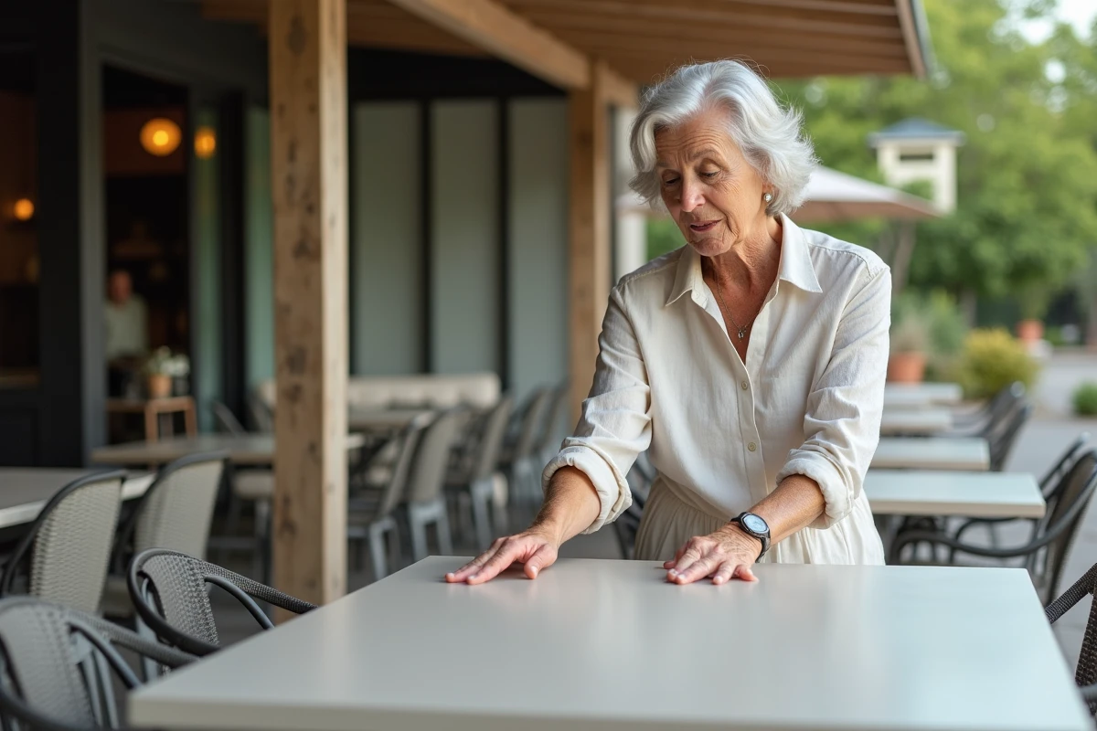 Une femme inspecte attentivement une table en résine pour extérieur dans un magasin de mobilier de jardin