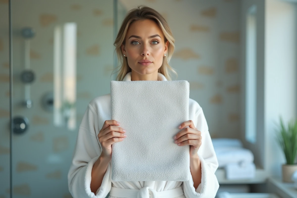 Femme en peignoir tenant et inspectant un tapis de bain en diatomite dans une salle de bain moderne
