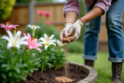 Femme en jardinage appliquant fertilisant aux lys blancs et roses